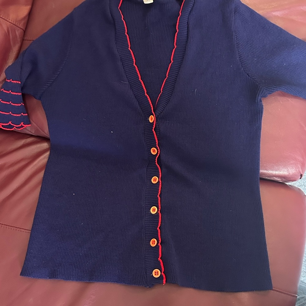 Women's Navy Short-Sleeve Cardigan with Red Trim Vintage